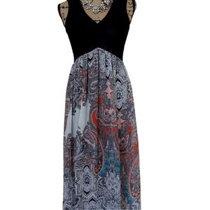 Boho Maxi Dress Sleeveless Black Paisley Print‎ Bohemian Summer Small
